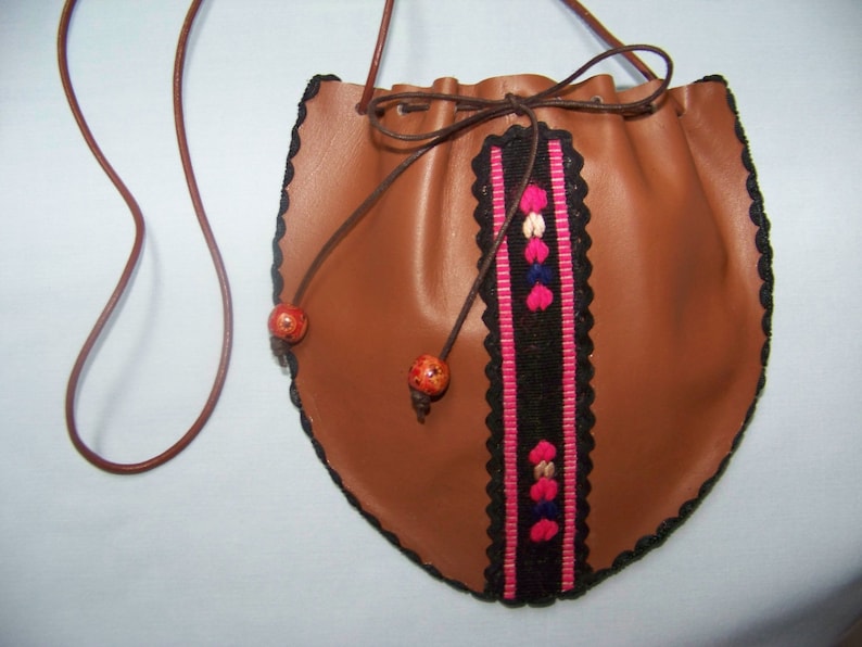 Leather Pouch.Ethnic Drawstring Handbag. Shoulder Bag. Handmade Purse. Gift for her, girlfriend, wife. image 1