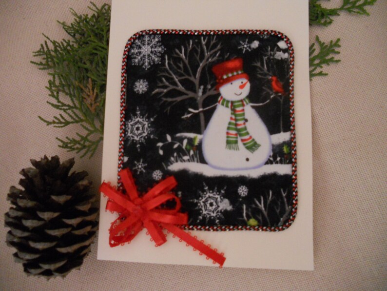 Christmas Greeting Card. Holiday Snowman with a Red Bow Card. image 0