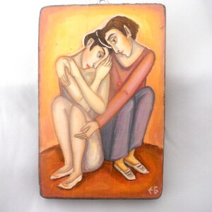 Wall Art Tempera Paint on Wood. Fine Arts Painting "Affection" Signed by the Author Emanuela Bayrakova. Wall Hanging. Collectible Art.