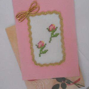 Greeting Card.Hand Embroidered Cross Stitch Card.Two Roses Card.Handcrafted Card.Gift for Her, Girlfriend, Wife. image 5