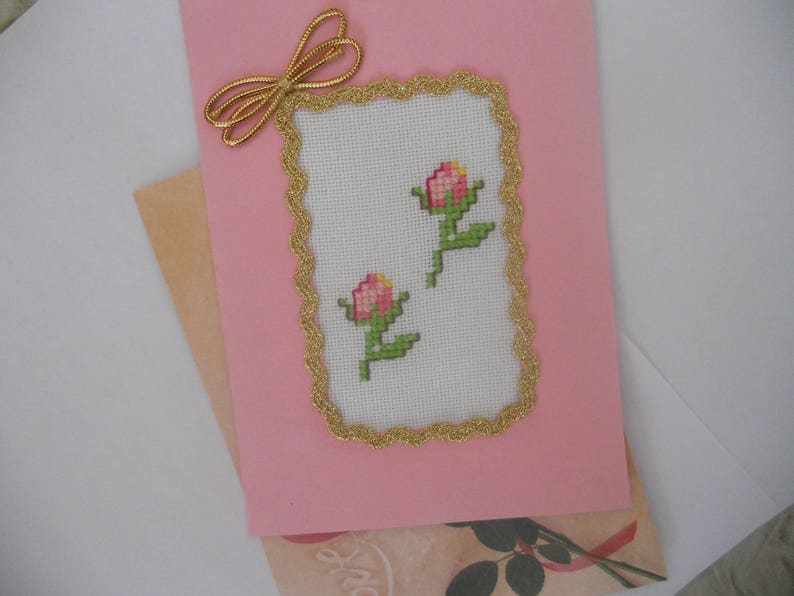 Greeting Card.Hand Embroidered Cross Stitch Card.Two Roses Card.Handcrafted Card.Gift for Her, Girlfriend, Wife. image 5