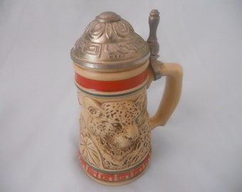 Vintage Avon Endangered Species Jaguar Mini Stein with Pewter Lid. Collectible 3D Beer Mug made in Brazil. Gift for Him. Father's Day Gift.