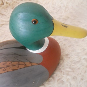 Vintage Drake Wood Duck Sculpture. Big 13.5 inches Wooden Collectible Duck Decoy Figurine with Glass Eyes..Wooden Animal Art. image 7