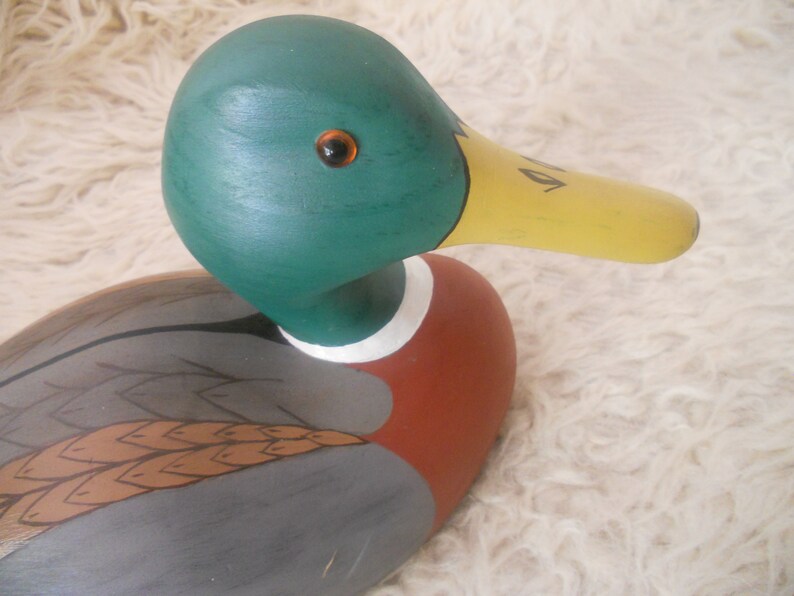 Vintage Drake Wood Duck Sculpture. Big 13.5 inches Wooden Collectible Duck Decoy Figurine with Glass Eyes..Wooden Animal Art. image 7