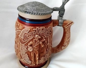 Vintage Beer Stein A Celebration of Country & Western Music in America. 3D Collectible Lidded Mug. Made in Brazil by Ceramarte.