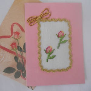 Greeting Card.Hand Embroidered Cross Stitch Card.Two Roses Card.Handcrafted Card.Gift for Her, Girlfriend, Wife. image 1