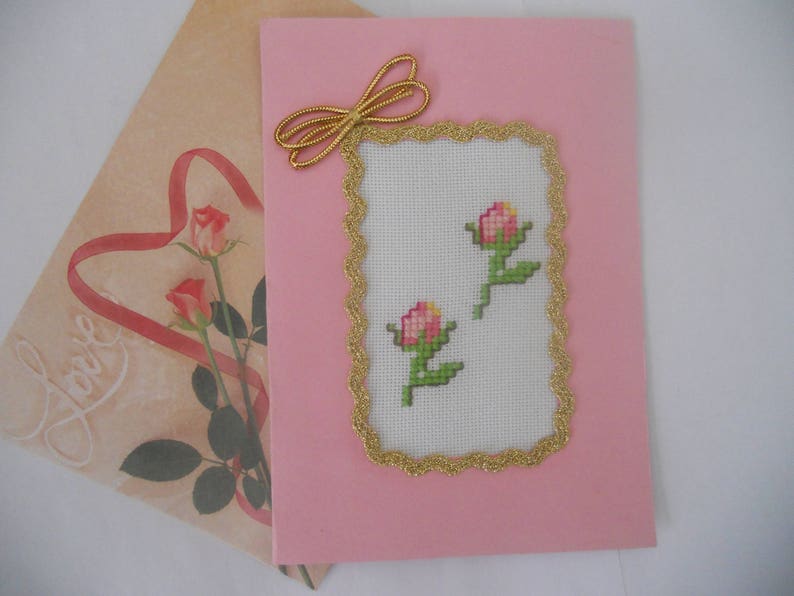 Greeting Card.Hand Embroidered Cross Stitch Card.Two image 0