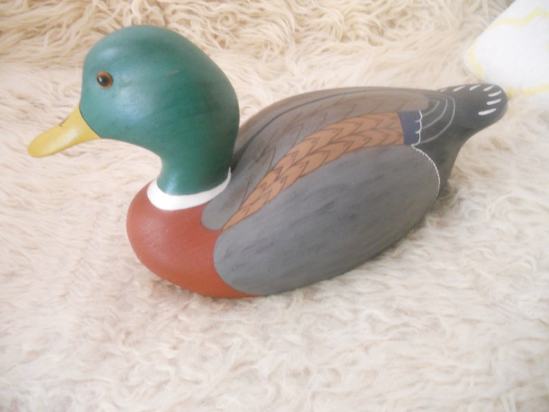 Vintage Drake Wood Duck Sculpture. Big 13.5 inches Wooden Collectible Duck Decoy Figurine with Glass Eyes..Wooden Animal Art. image 3