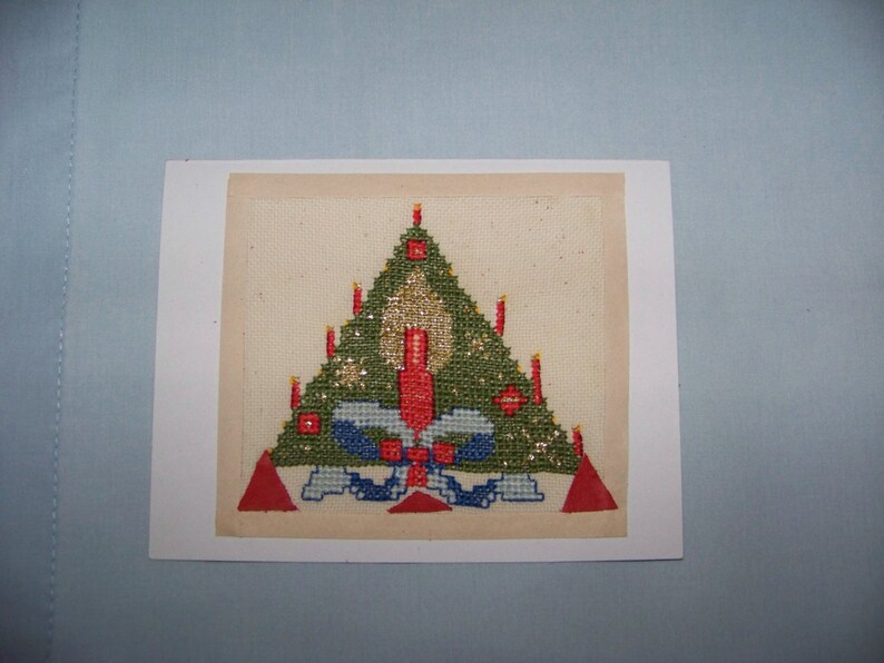 Handmade Embroidered Cross Stitch Greeting Card. Christmas image 0