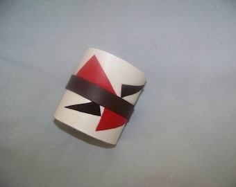 Genuine Leather Cuff Adjustable Bracelet.Handcrafted with White, Brown and Red Leather.Geometric Embellishment. Jewelry.