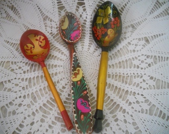 Vintage Russian Wooden Spoons Set of Three.Decorative Wood Spoons. Soviet Era Souvenir. Kitchen Home Decor.