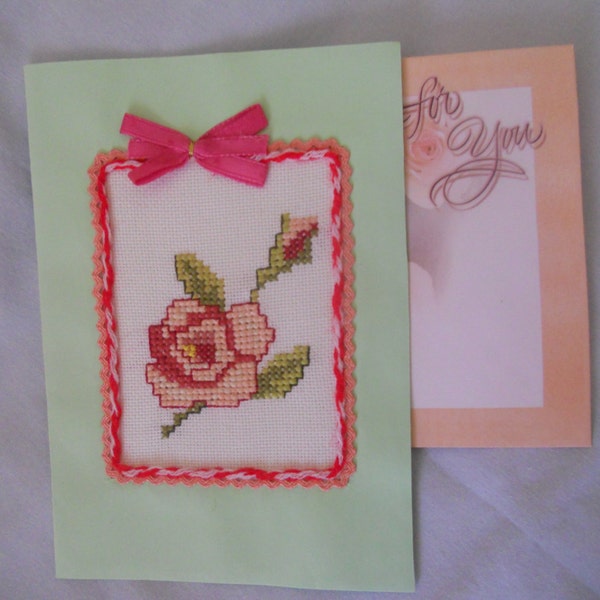 Greeting Card.Hand Embroidered Cross stitch Card. "Rose For Her" Card.Handcrafted Card. Gift for her, girlfriend, wife.