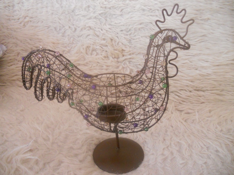 Vintage Metal Wire Rooster Candle Holder.Beaded Rooster Farm image 0