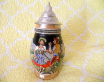 Collectible German Beer Stein. Pewter Lidded Beer Mug Bier Trinken Macht Frohlich.