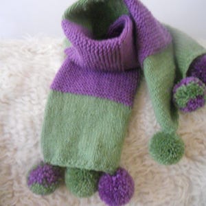 Hand Knitted Large Stylish Winter Scarf.Purple and Green Women's Teen Girls Cozy Accessory with Pompoms. Gift for Her. image 2