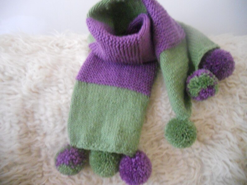 Hand Knitted Large Stylish Winter Scarf.Purple and Green Women's Teen Girls Cozy Accessory with Pompoms. Gift for Her. image 2