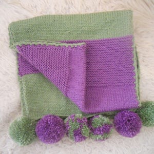 Hand Knitted Large Stylish Winter Scarf.Purple and Green Women's Teen Girls Cozy Accessory with Pompoms. Gift for Her. image 4