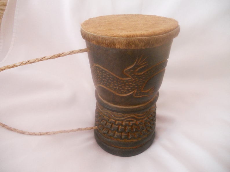 Vintage Ethnic Drum.Hand Carved Wooden  Drum with Lizard image 0