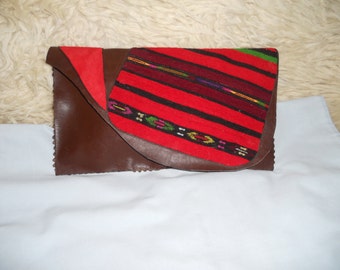 Genuine Leather Clutch.Handmade Bag. Cosmetics and Travel  Leather Purse. Application with vintage fabric. Gift for her.