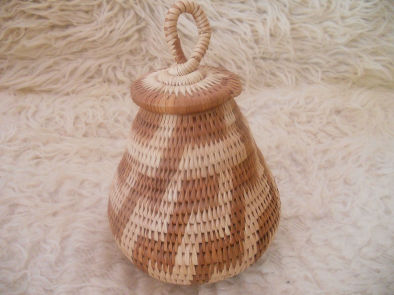 African Hand Woven Lidded Basket.Beige and Brown Wicker image 0