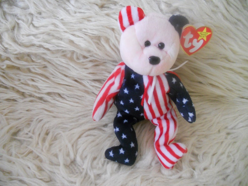 Ty Beanie Baby Spangle Pink Face Bear June 14 1999 Retired with Tag Error.4th July Patriotic Gift. image 1