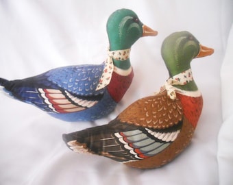 Vintage Mallard Ducks Set of Two. Multicolored Hand Made Stuffed Fabric Duck Figurines. Home Decor Man Cave Decor.