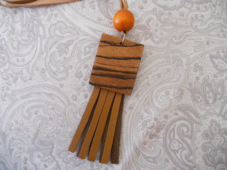 Exotic Zebra Wood Necklace. Genuine Leather and Wood Art. image 0