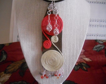 Genuine Leather Necklace. Choker with Swirl Charms and Silver plated Beads. Leather Jewelry. Double-Sided Pendant Necklace.