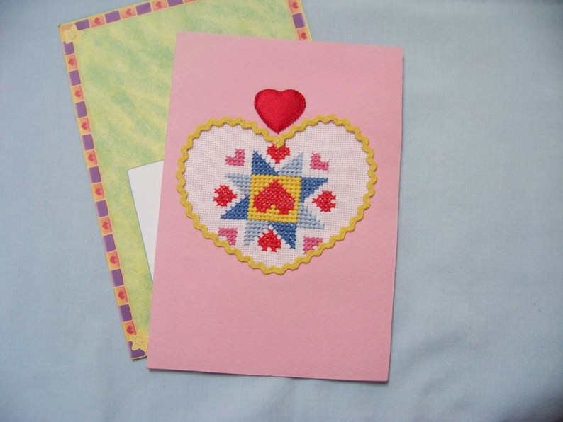 Cross stitch Triple Red Heart Greeting Card. Handmade.Gift for image 0