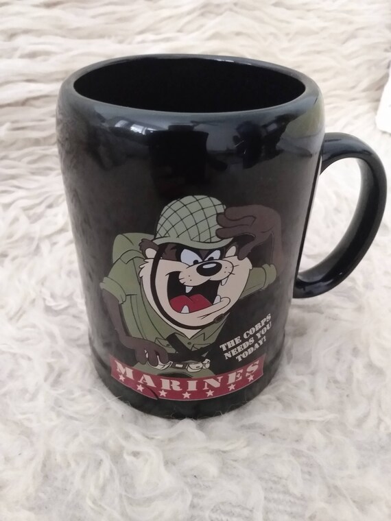 Looney Tunes Taz Devil Rare Collectible Marines Civilian Defense Corps Mug. Military gift. Patriotic gift.