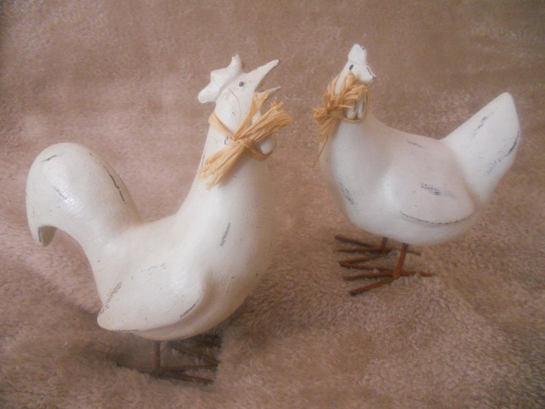 Set of Two Wooden Hen and Rooster Figurines. Wood Bird image 0