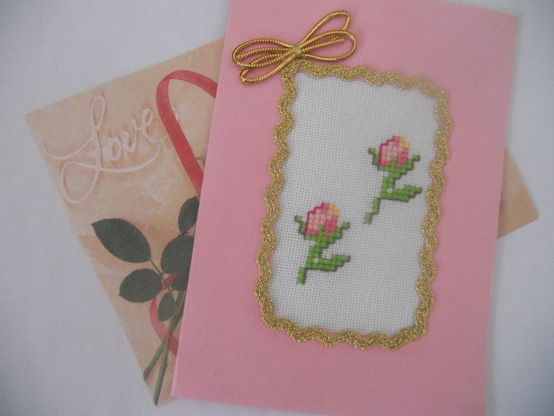 Greeting Card.Hand Embroidered Cross Stitch Card.Two Roses Card.Handcrafted Card.Gift for Her, Girlfriend, Wife. image 9