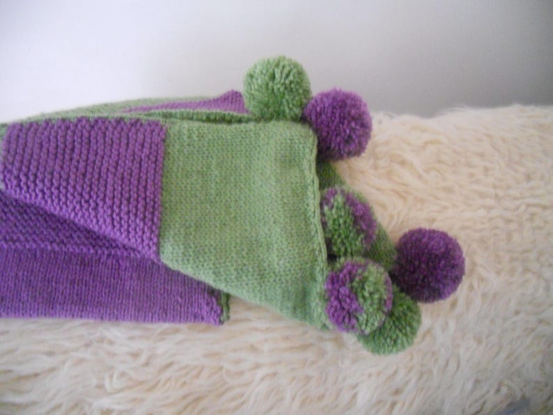 Hand Knitted Large Stylish Winter Scarf.Purple and Green Women's Teen Girls Cozy Accessory with Pompoms. Gift for Her. image 8
