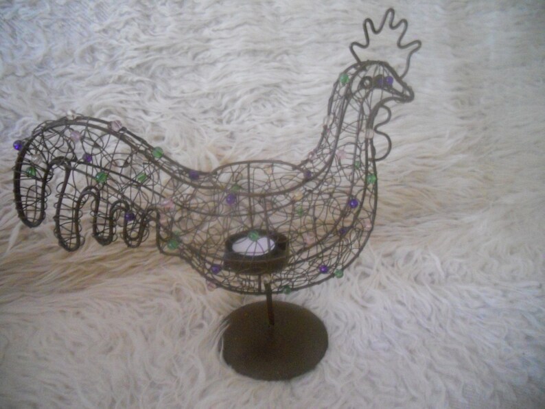 Vintage Metal Wire Rooster Candle Holder.Beaded Rooster Farm image 0