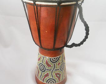 Hand Crafted Djembe Drum 11.5'' Tall. Hand Painted with Aboriginal Dotted Pattern Drum. Percussion Musical Instrument.