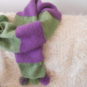 Hand Knitted Large Stylish Winter Scarf.Purple and Green Women's Teen Girls Cozy Accessory with Pompoms. Gift for Her. image 6