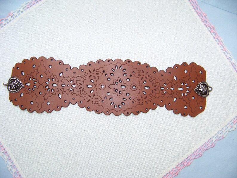 Leather Boho Bracelet. Handmade Cuff Laser Cut Bracelet Metal image 0