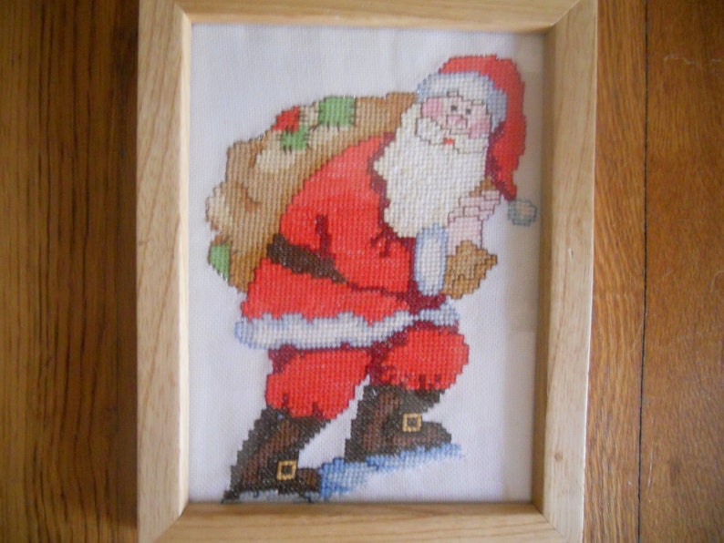 Unique Cross Stitch Hand Embroidered Santa. Wall Hanging Art image 0