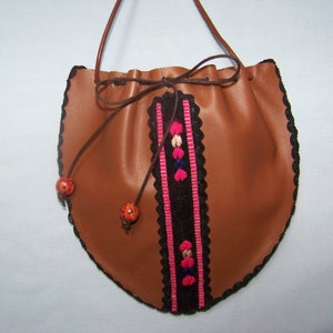 Leather Pouch.Ethnic Drawstring Handbag. Shoulder Bag. Handmade Purse. Gift for her, girlfriend, wife. image 2