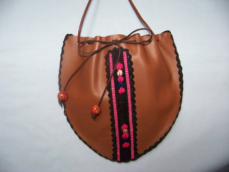 Leather Pouch.Ethnic Drawstring Handbag. Shoulder Bag. Handmade Purse. Gift for her, girlfriend, wife. image 2