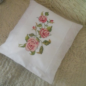 Hand Embroidered Cross Stitch Pillow Case with Roses. Decorative Unique Design Cushion Cover with Floral Motifs. Housewarming. ONE OF A KIND