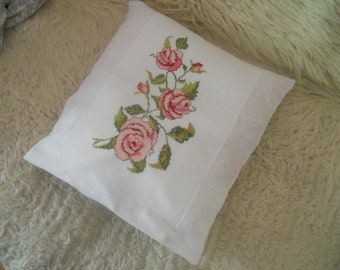 Hand Embroidered Cross Stitch Pillow Case with Roses. Decorative Unique Design Cushion Cover with Floral Motifs. Housewarming. ONE OF A KIND