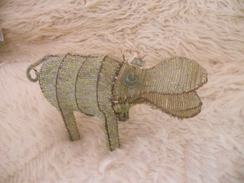 Vintage African Beaded Hippo Figurine. Collectible Beaded Wire image 0