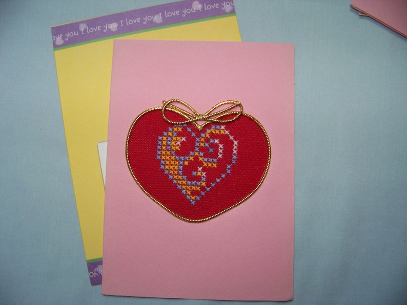 Cross stitch Red Heart  Greeting Card.Hand Embroidered Card. image 0