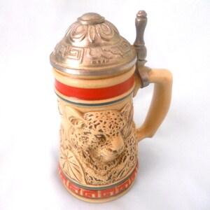 Vintage Avon Endangered Species Jaguar Mini Stein with Pewter Lid. Collectible 3D Beer Mug made in Brazil. Gift for Him. Father's Day Gift. image 1