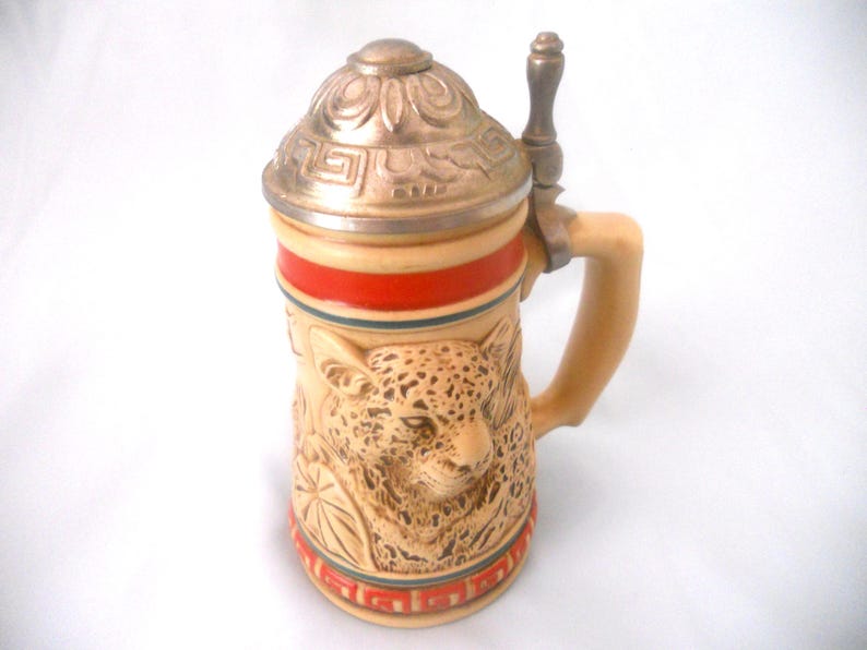 Vintage Avon Endangered Species Jaguar Mini Stein with Pewter Lid. Collectible 3D Beer Mug made in Brazil. Gift for Him. Father's Day Gift. image 1