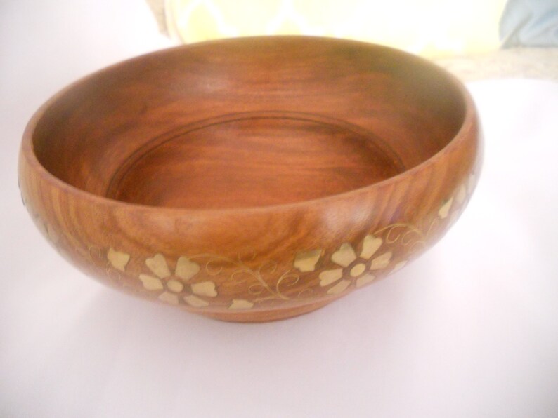 Vintage Wood Bowl with Brass Flower Inlay.Big 8.75'' image 0