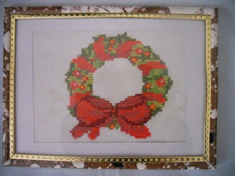 Embroidered Wall Panel Wreath.Hand Cross Stitch. Wall hanging image 0