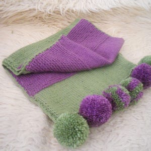 Hand Knitted Large Stylish Winter Scarf.Purple and Green Women's Teen Girls Cozy Accessory with Pompoms. Gift for Her. image 9