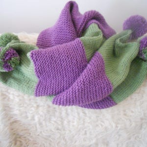 Hand Knitted Large Stylish Winter Scarf.Purple and Green Women's Teen Girls Cozy Accessory with Pompoms. Gift for Her. image 3